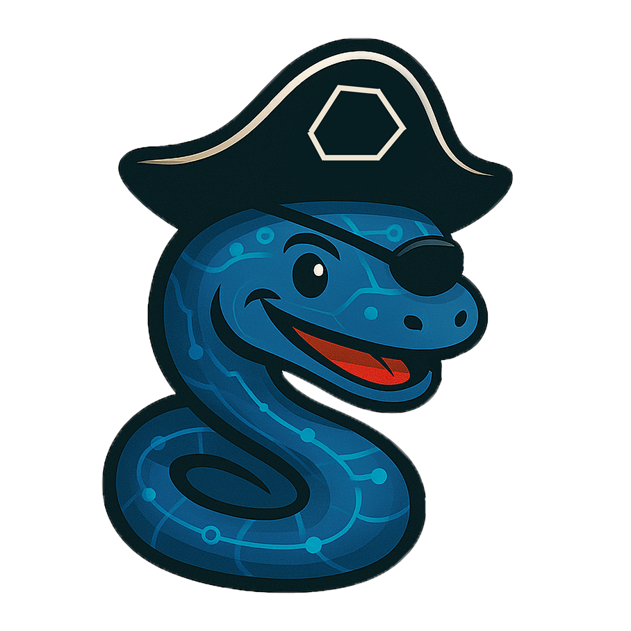 pyROT's logo: a blue snake wearing an eye patch and a pirate hat with a styled RayStation logo.